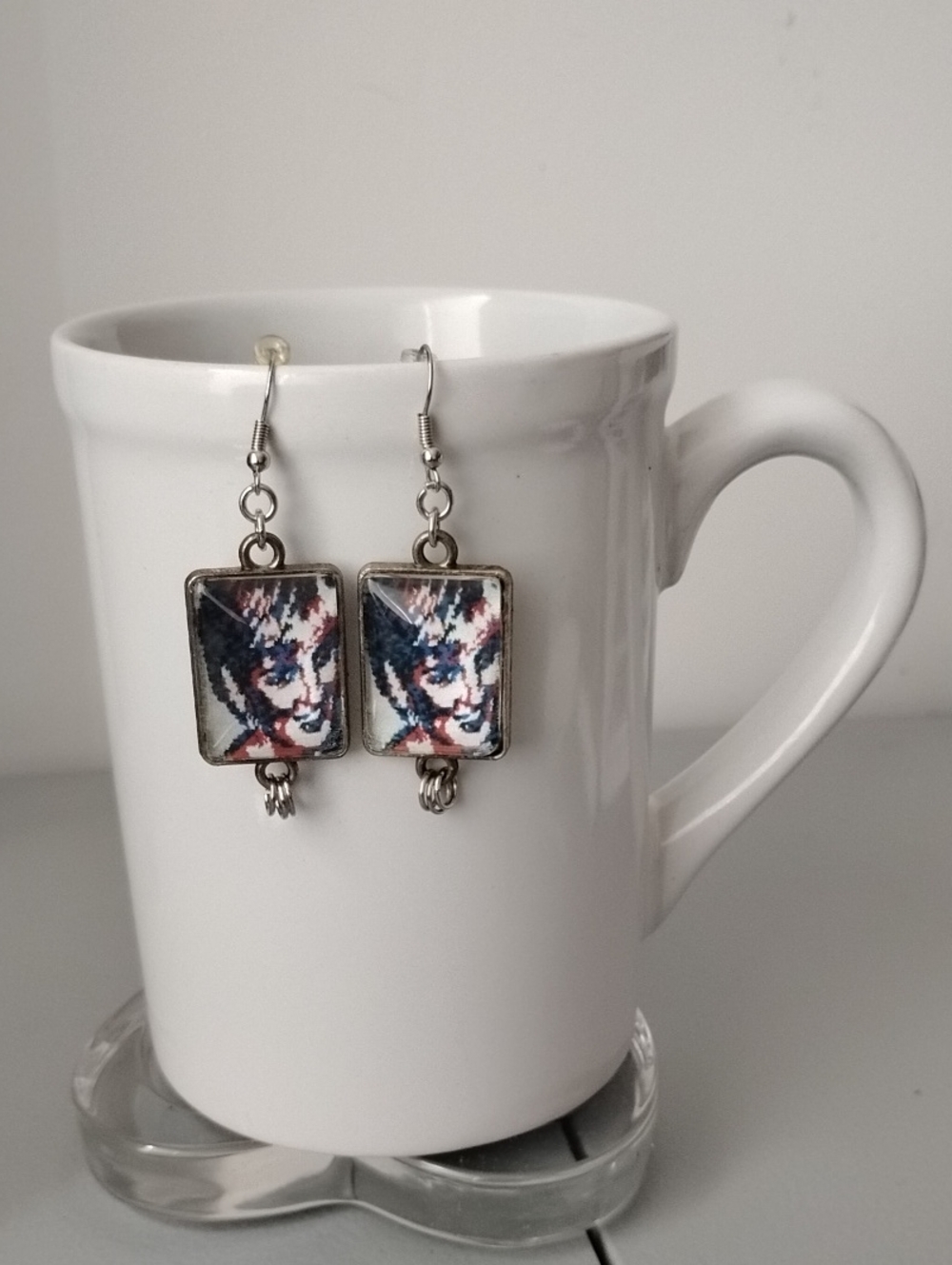 Silver-Tone Rectangular Abstract Art Drop Earrings - Blue & Pink